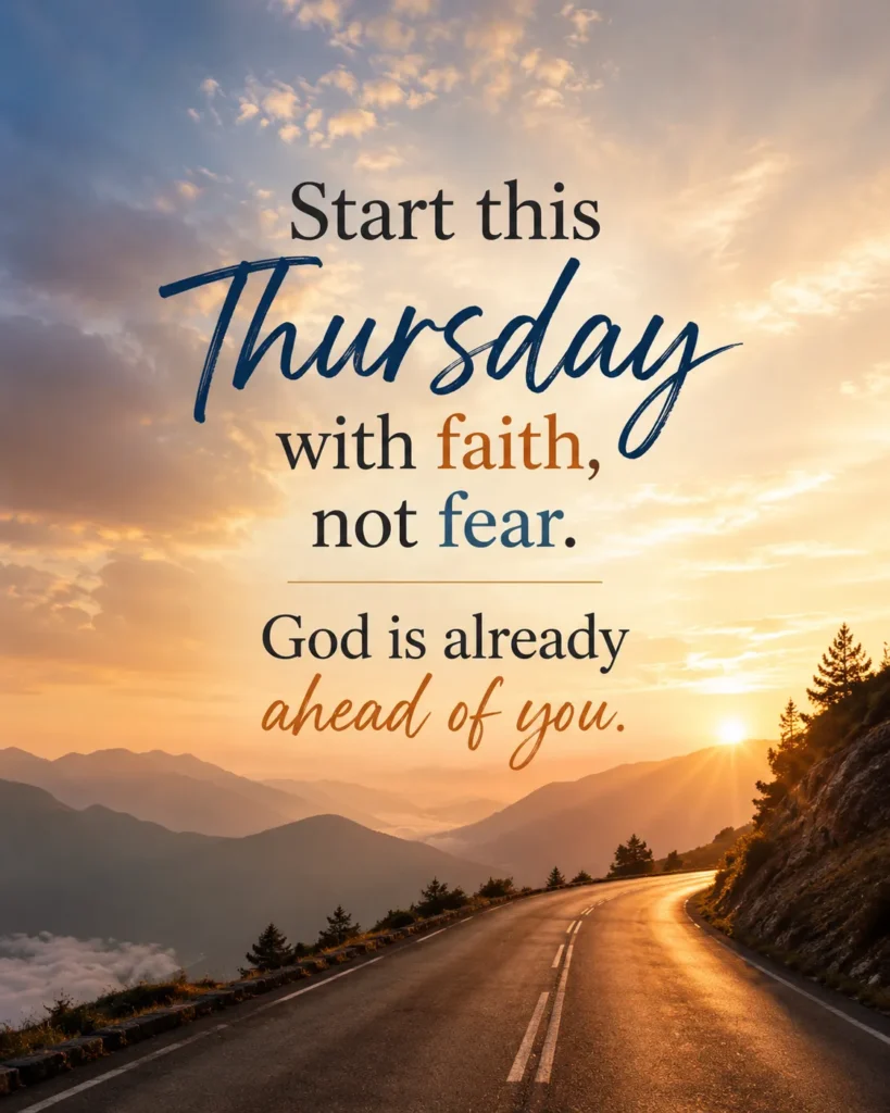 ''Christian Thursday quote with a scenic mountain road at sunrise and the message, “Start this Thursday with faith, not fear. God is already ahead of you.”
