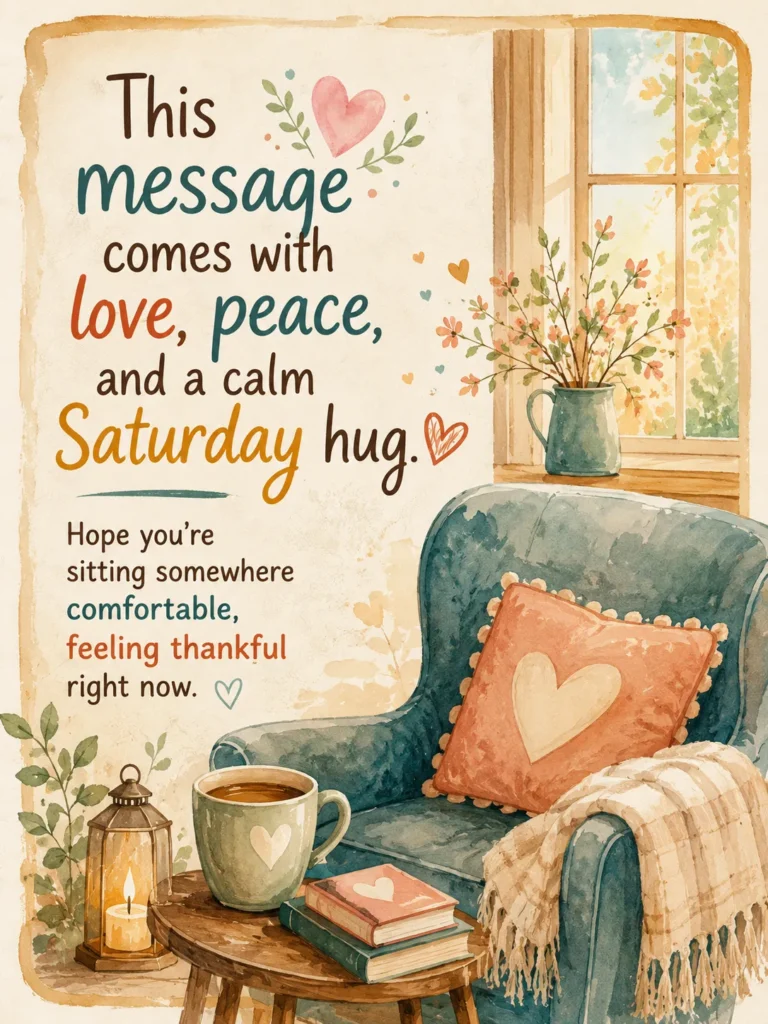 Hand-drawn Saturday blessing quote poster with artistic typography, warm illustrated design, and a heartfelt message of love, peace, gratitude, comfort, and calm.
