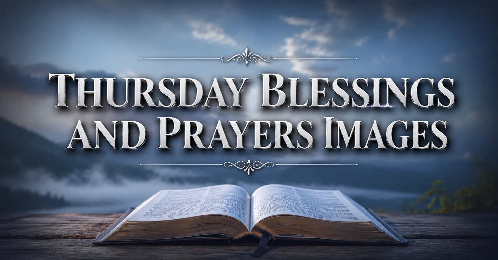 Thursday Blessings and Prayers Images featuring an open Bible on a wooden table with a peaceful mountain background and elegant inspirational Christian typography.