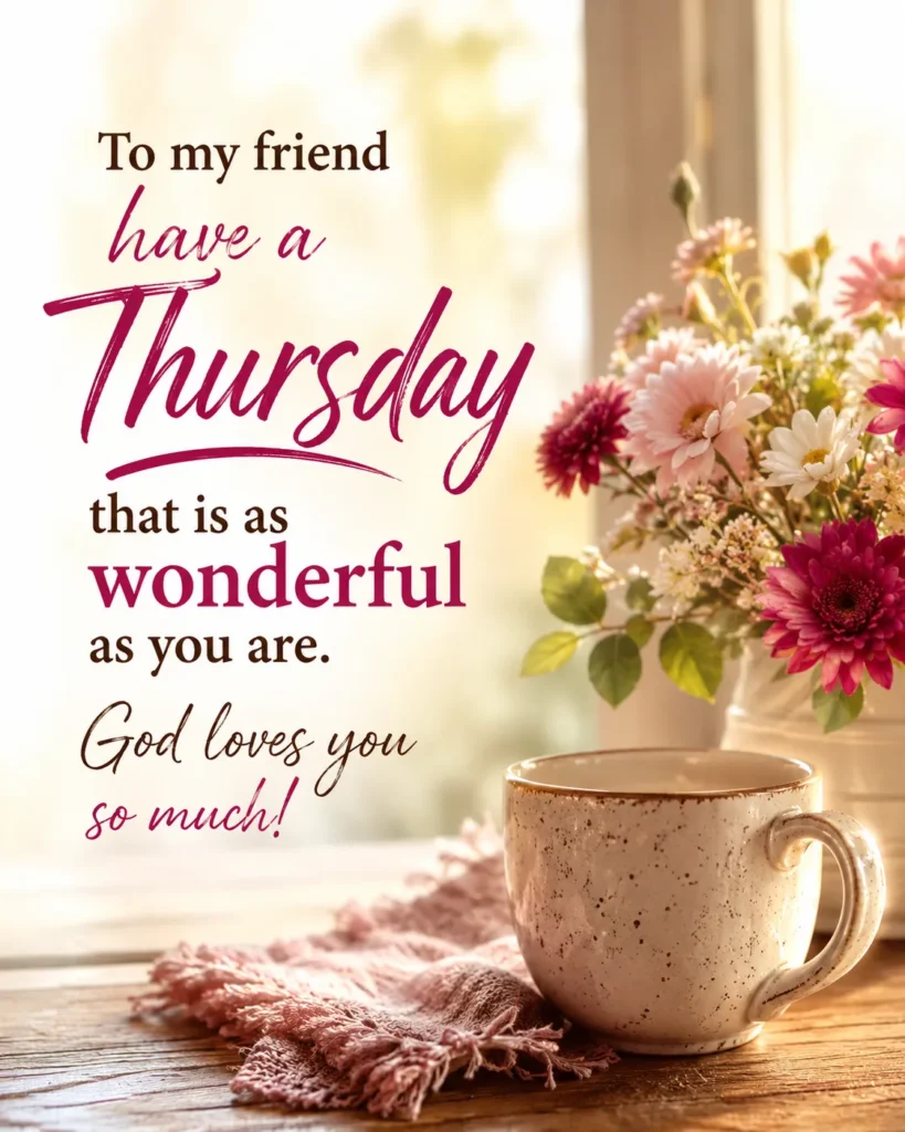 Beautiful Thursday blessing image with flowers, coffee cup, warm morning light, and the message about friendship, God's love, and having a wonderful Thursday.