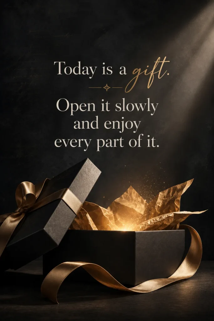 Elegant inspirational quote poster with a gift box and the message, “Today is a gift. Open it slowly and enjoy every part of it.”