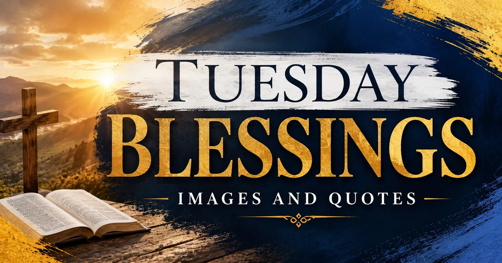 Tuesday Blessings Images and Quotes with cross, open Bible and sunrise background