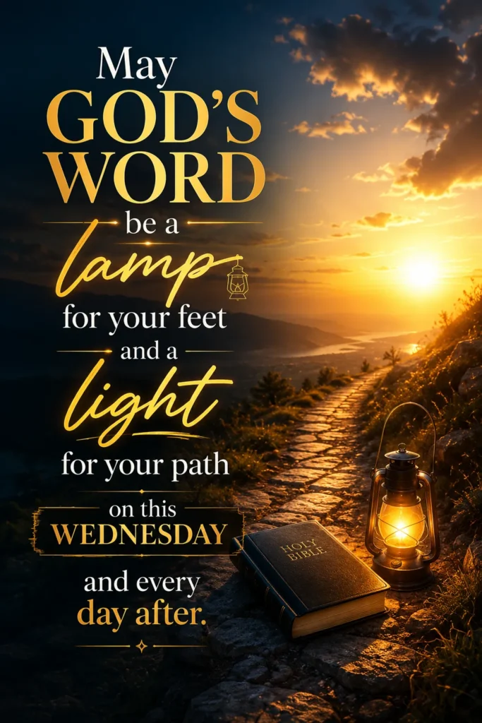 Inspirational Wednesday blessing image showing God's Word as a lamp for your feet and a light for your path, with a glowing lantern on a peaceful path at sunrise.
