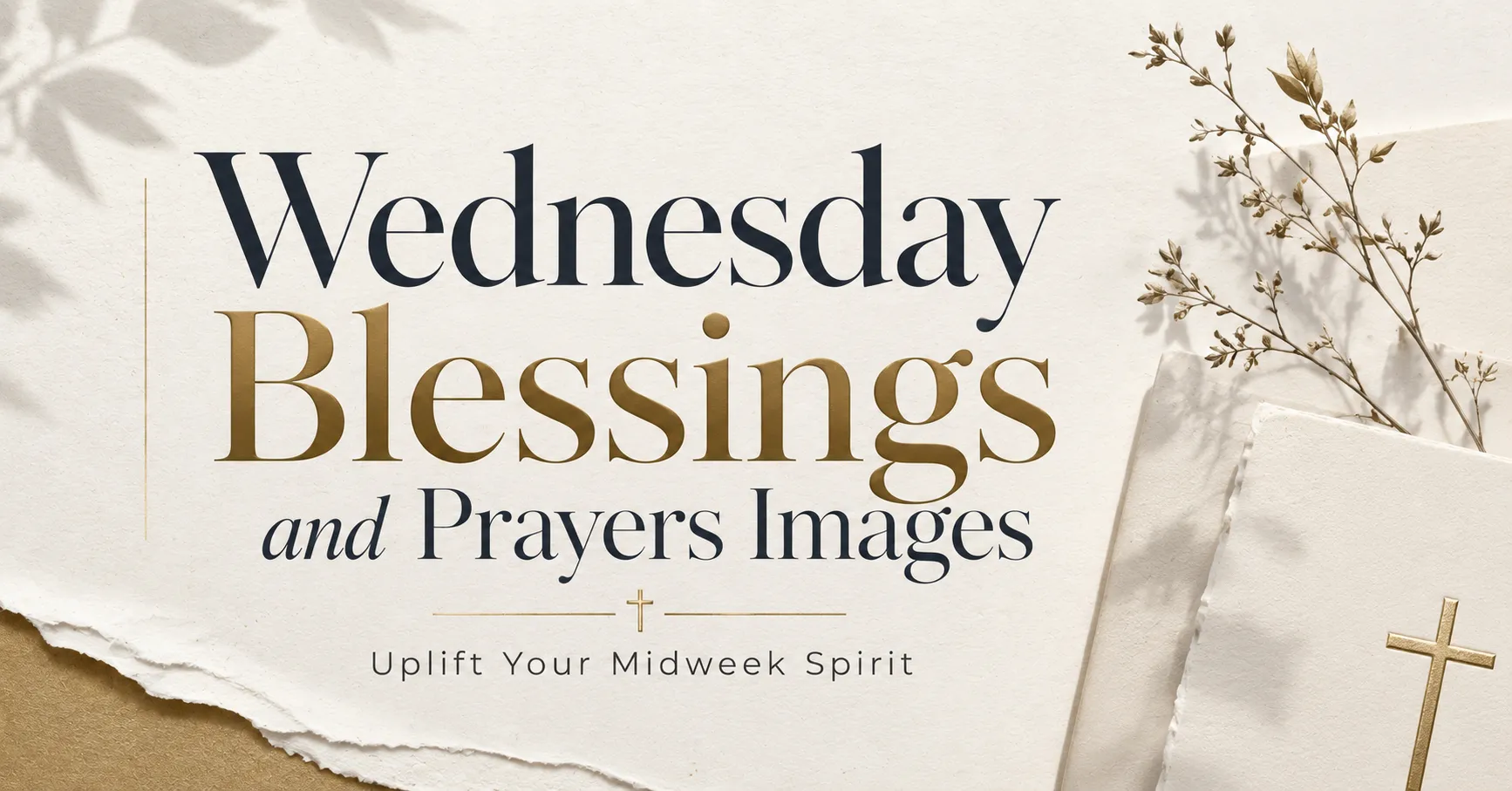Wednesday blessings and prayers images with an elegant paper-style design, gold typography, and a peaceful Christian theme to uplift your midweek spirit.