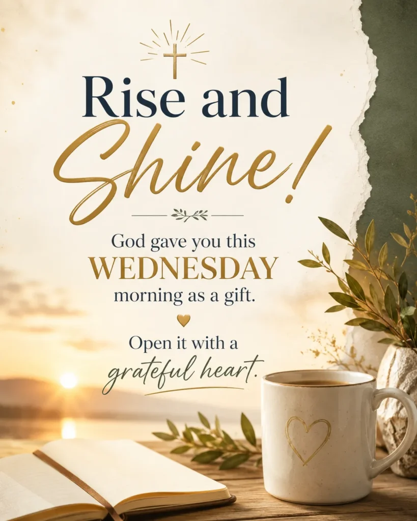 Rise and shine Wednesday morning blessing image with a thankful message about God's gift of a new day, featuring a peaceful sunrise and Christian inspiration.