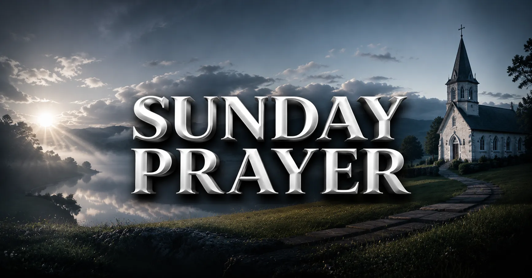 Sunday Prayer with a peaceful church landscape and a message of faith and hope