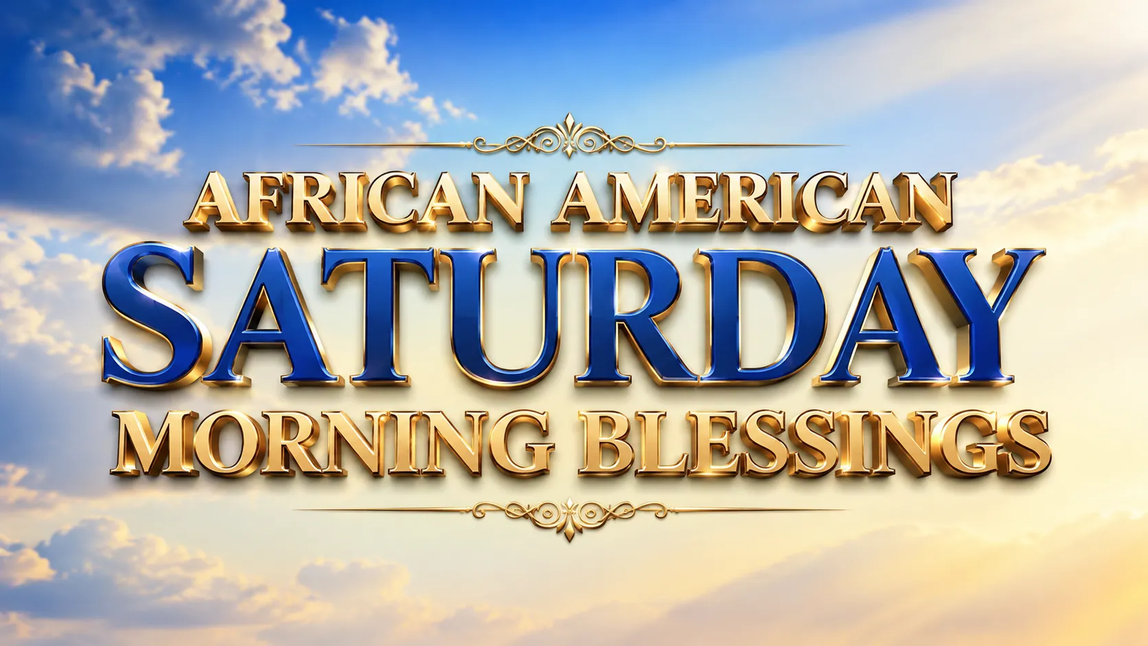 Premium minimalist featured image with elegant 3D typography displaying “African American Saturday Morning Blessings” on a bright morning sky background with soft clouds and warm light rays.