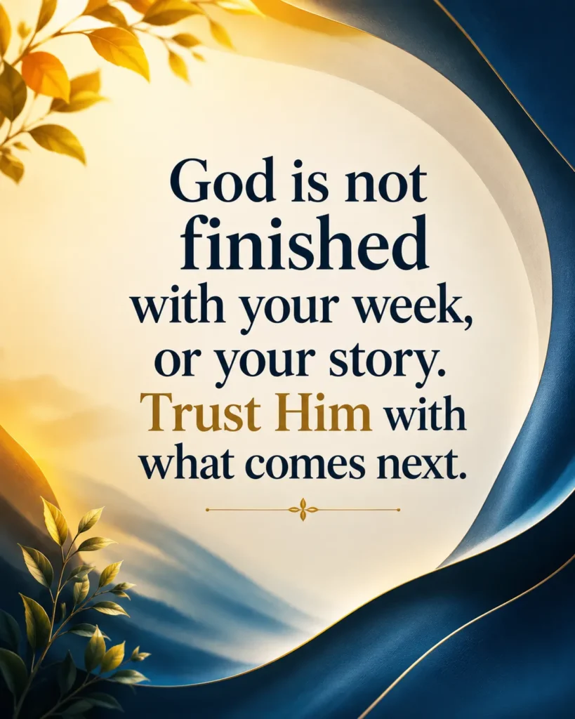 Inspirational Christian faith quote poster with an elegant nature-inspired background, reminding believers to trust God because He is not finished with their week or their story.