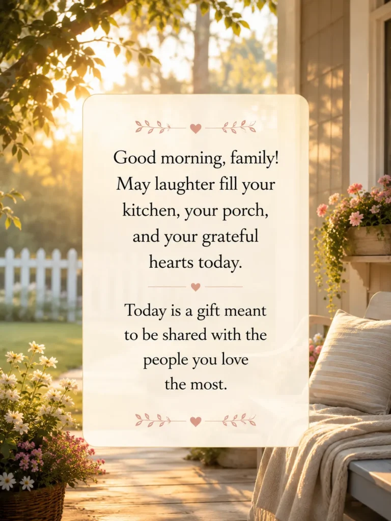 Heartwarming Good Morning family blessing quote on a peaceful nature-inspired background, encouraging laughter, gratitude, togetherness, and sharing God's gift of a new day with loved ones.