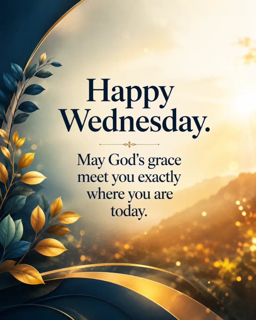 Happy Wednesday blessing quote on a cinematic sunrise-inspired nature background with elegant typography, reminding readers that God's grace will meet them exactly where they are today.