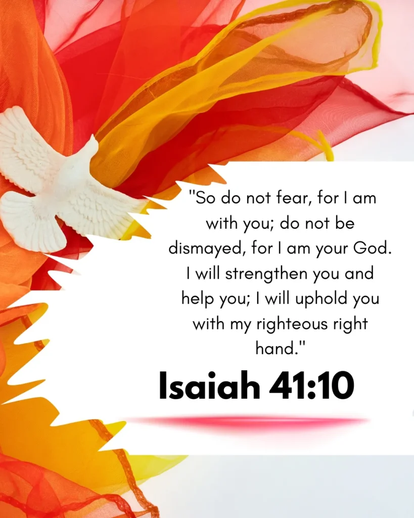 Isaiah 41:10 Bible verse image with a white dove, vibrant abstract background, and the Scripture reminding believers that God strengthens, helps, and upholds those who trust in Him.
