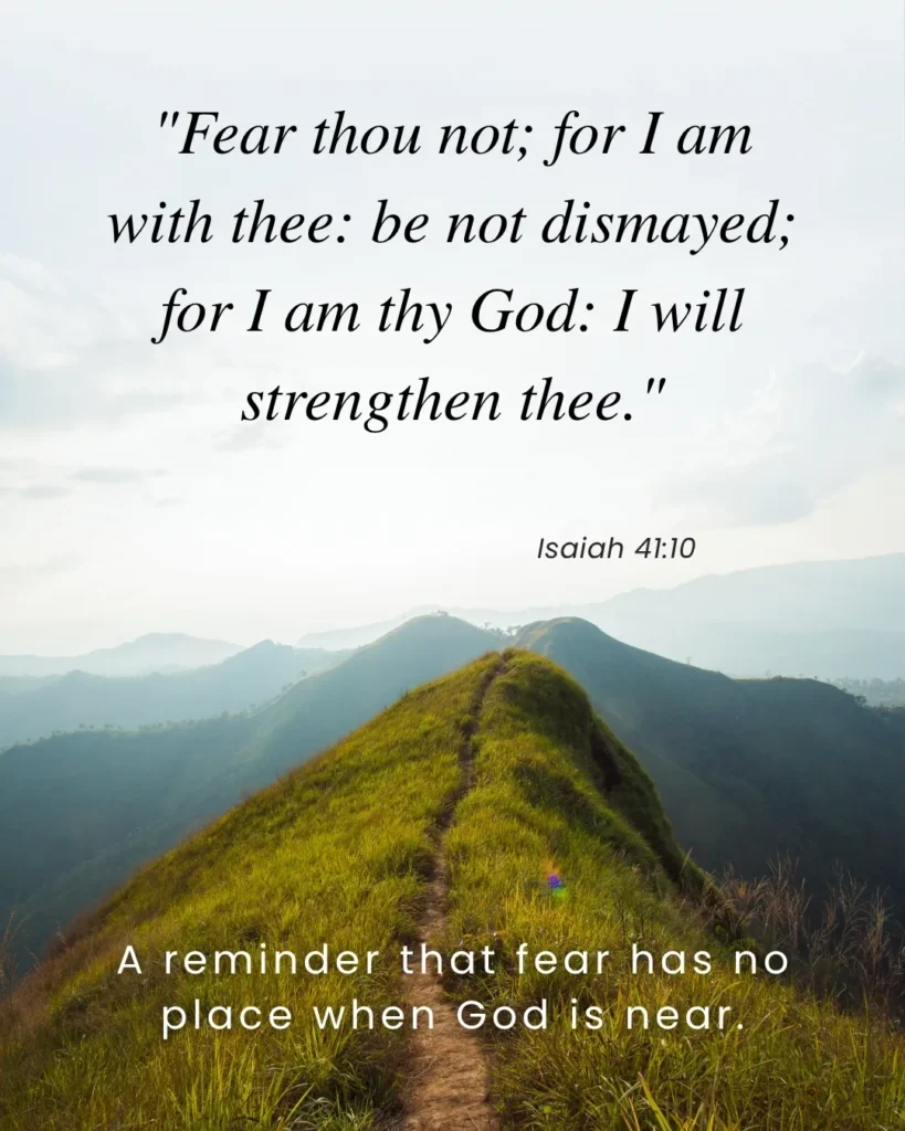 Isaiah 41:10 Bible verse image encouraging believers not to fear because God is with them, giving strength, help, and hope.