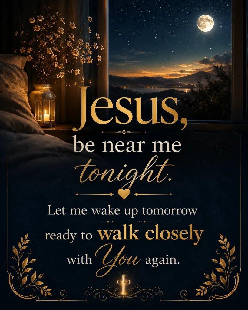 Peaceful Christian night prayer quote on a premium moonlit nature background, asking Jesus to stay near through the night and help believers walk closely with Him again tomorrow.