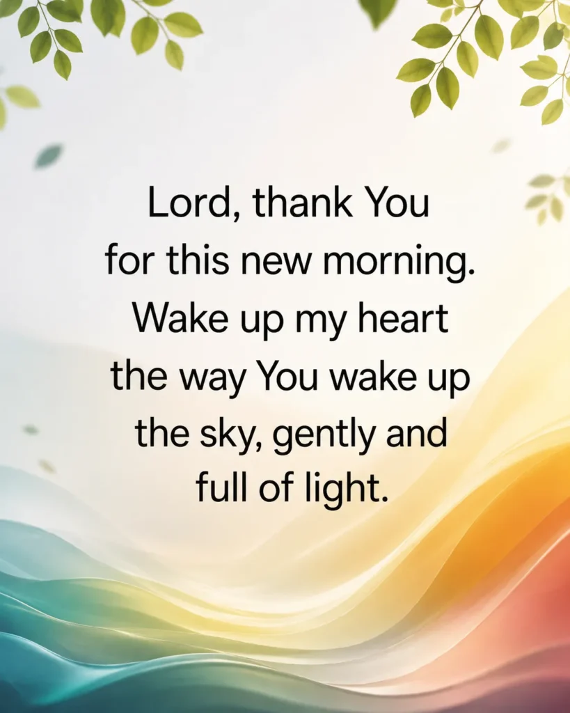 Inspirational Christian morning prayer quote on a premium sunrise-inspired nature background, expressing gratitude to God for a new morning and asking Him to fill the heart with light, hope, and peace.
