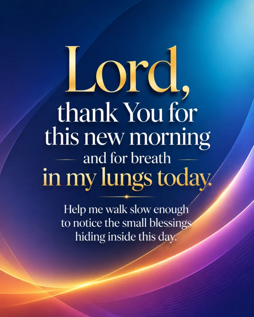 Minimalist Christian prayer poster featuring the message “Lord, thank You for this new morning and for breath in my lungs today” on a premium colorful abstract background with elegant typography.