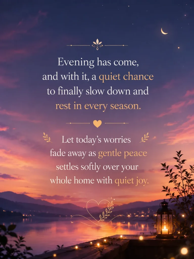 Inspirational evening blessing quote on a peaceful sunset-inspired background, encouraging you to slow down, release today's worries, and embrace quiet peace, rest, and joy at home.