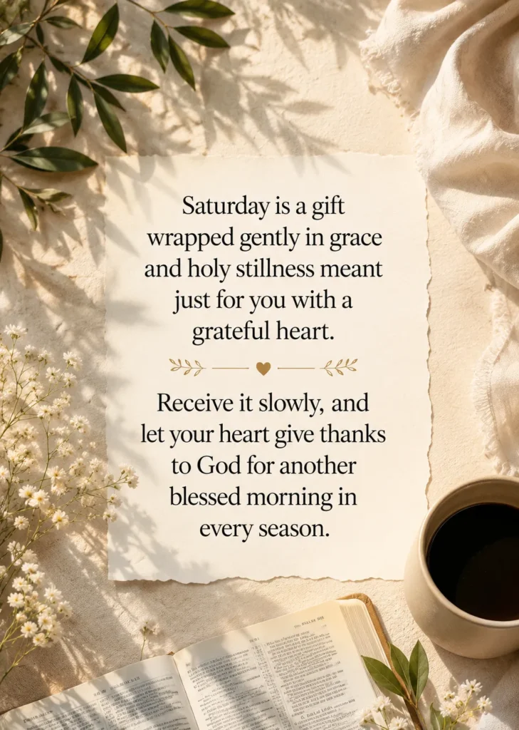 Inspirational Saturday morning blessing quote on a peaceful nature-inspired background, encouraging gratitude for God's grace, holy stillness, and the gift of another blessed morning.