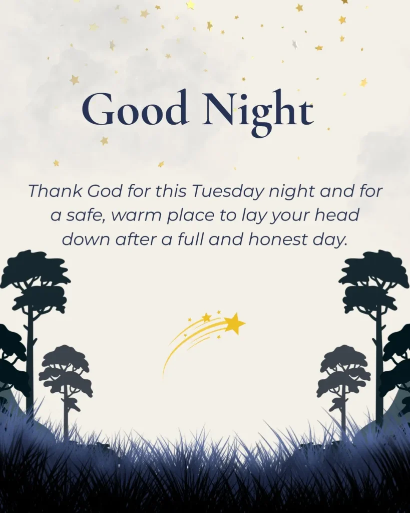 Peaceful Thankful Tuesday good night prayer with stars, trees, and a Christian message of gratitude, restful sleep, hope, and God's protection.