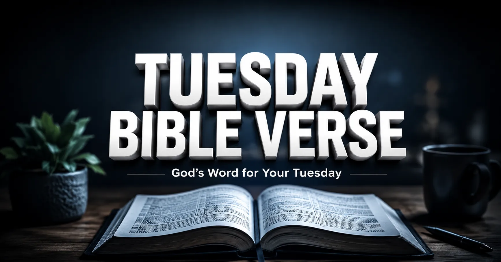 Cinematic Tuesday Bible Verse featured image with bold 3D title text, open Bible, and a modern Christian design for weekly Bible study and encouragement.
