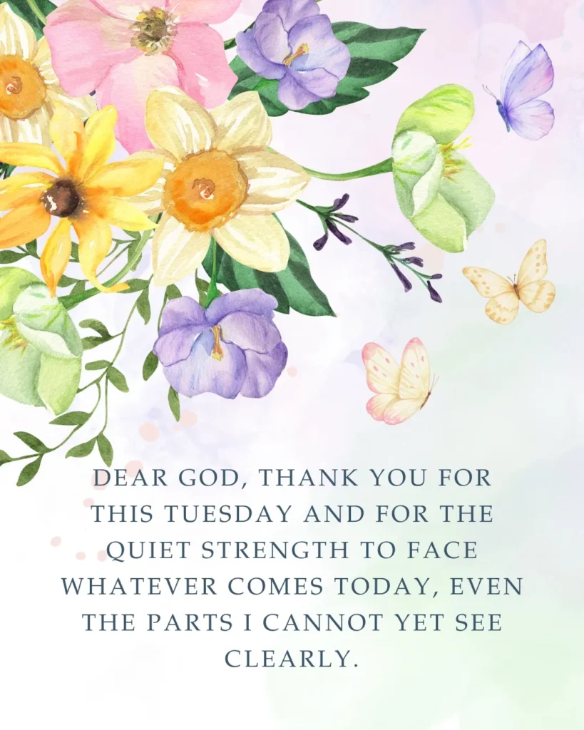 Thankful Tuesday prayer with watercolor flowers and butterflies, expressing gratitude to God, faith, hope, peace, and daily strength.