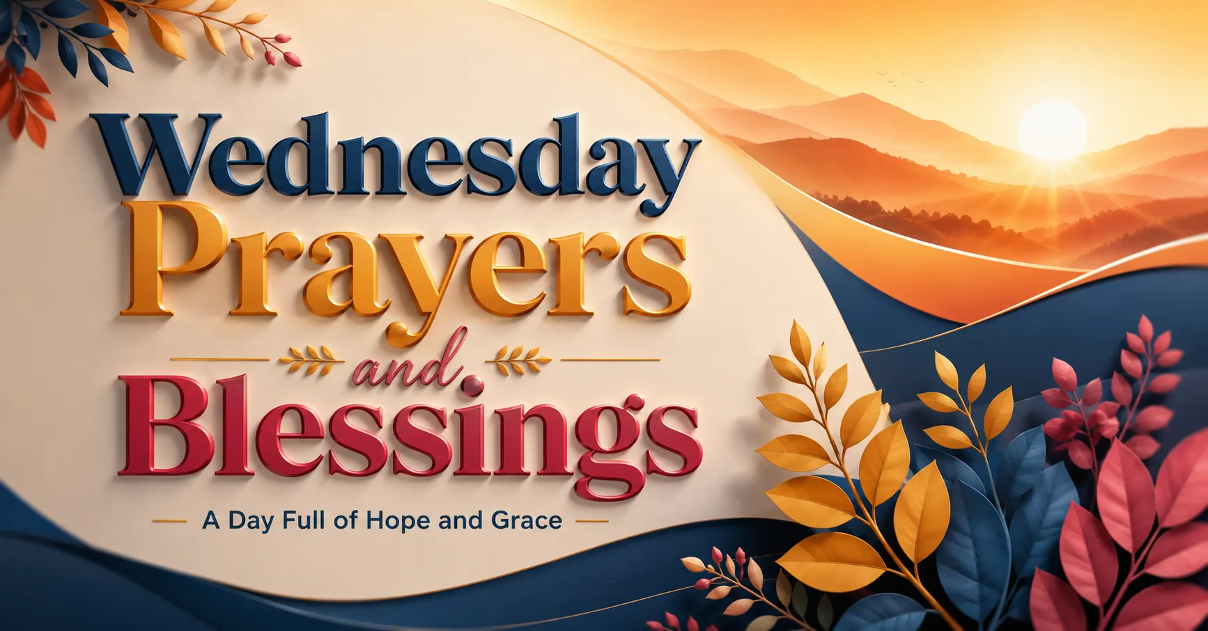 Wednesday Prayers and Blessings featured image with elegant 3D typography and a colorful sunrise-inspired background, symbolizing hope, grace, faith, encouragement, and God's blessings for a beautiful Wednesday morning.