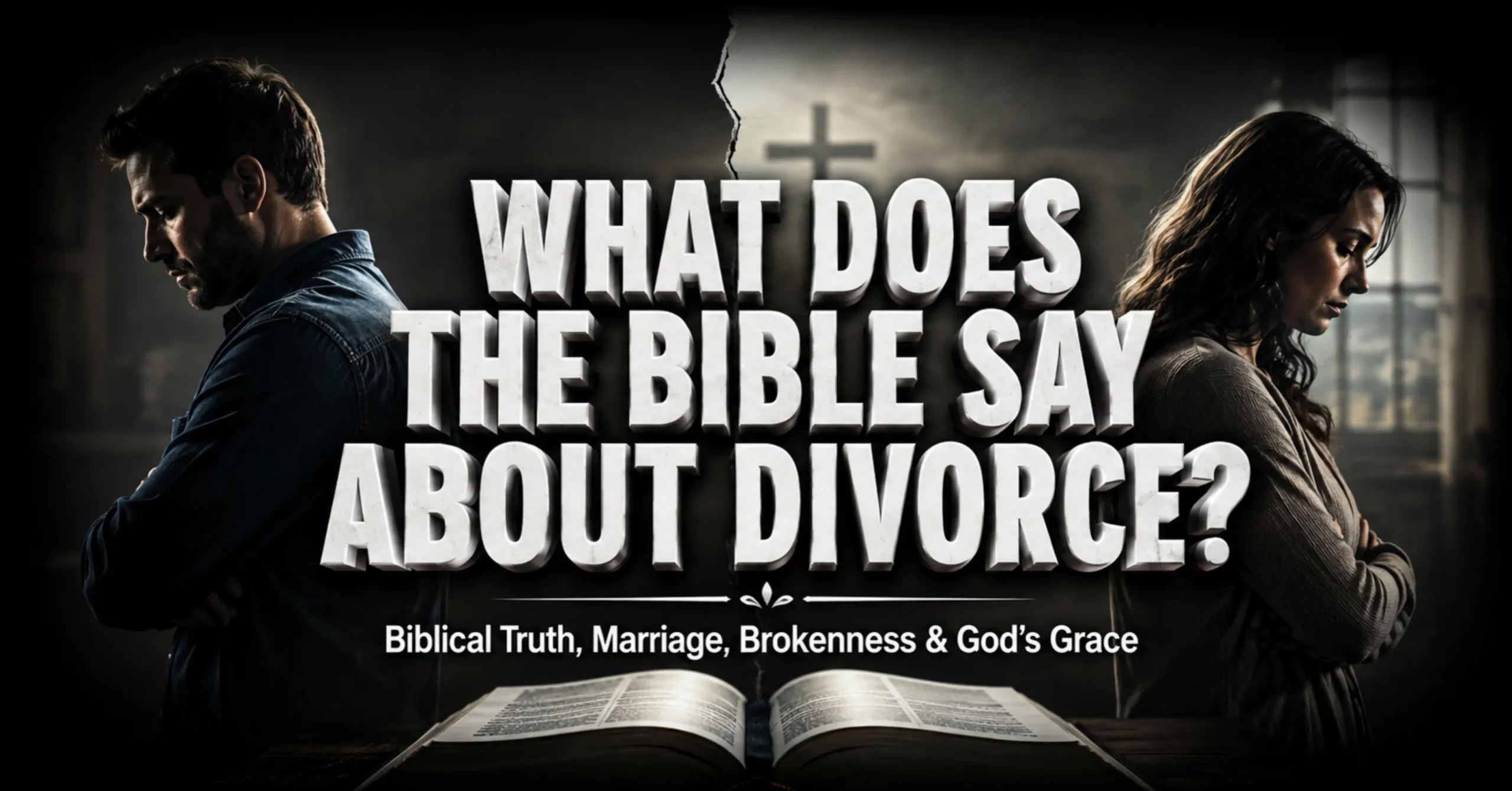 Open Bible beside two wedding rings representing what the Bible says about divorce ''What Does the Bible Say About Divorce''