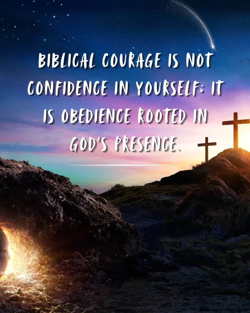 Biblical courage rooted in God's presence, symbolized by crosses overlooking a peaceful path at sunset.