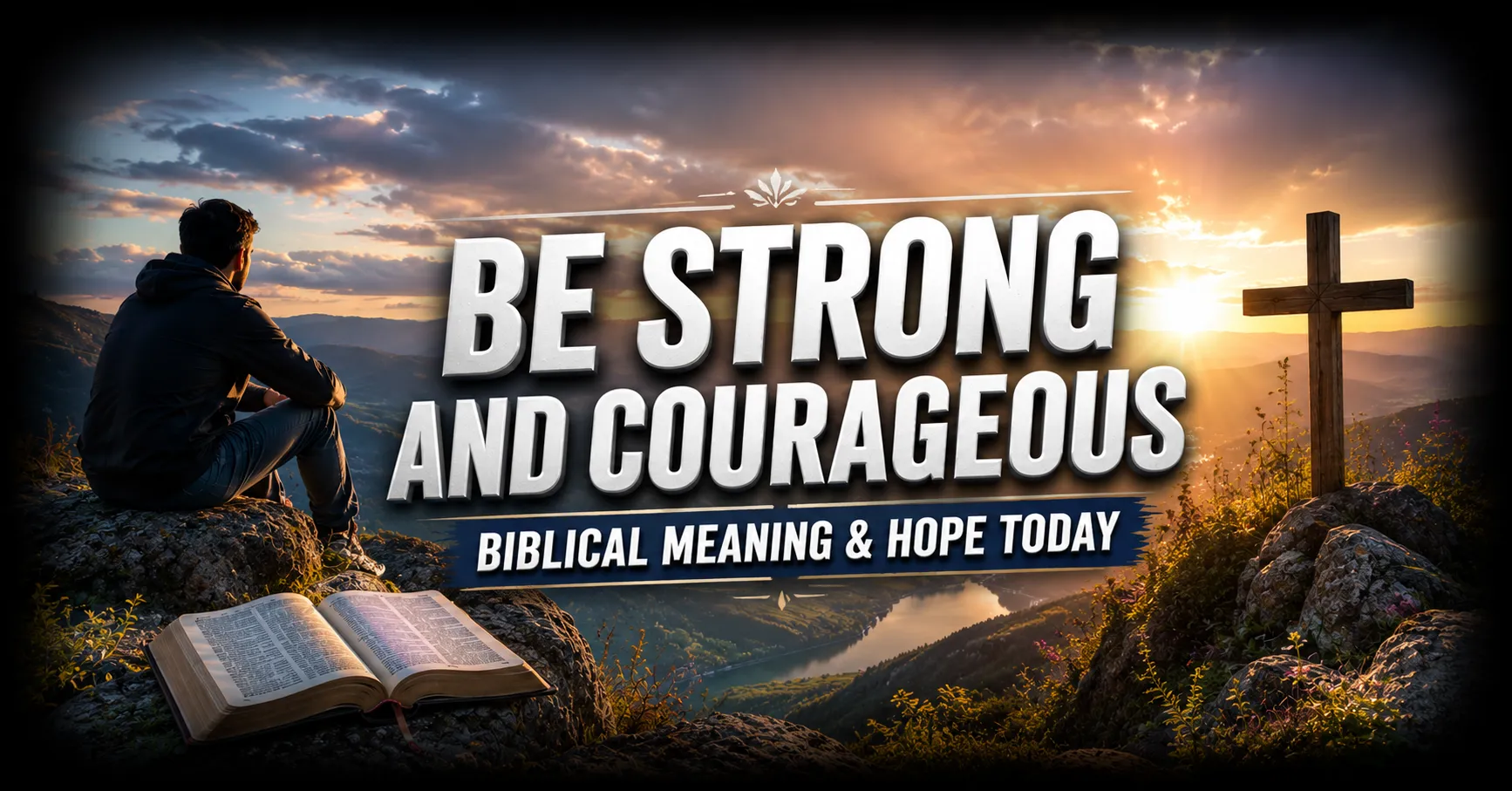 Be Strong and Courageous biblical meaning and hope today with a Bible, cross, and mountain landscape