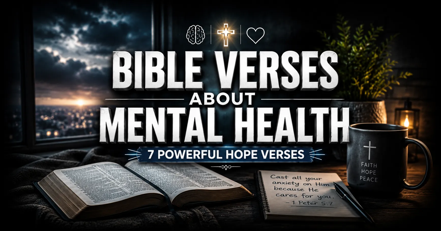 Bible verses about mental health with an open Bible and hopeful prayer setting