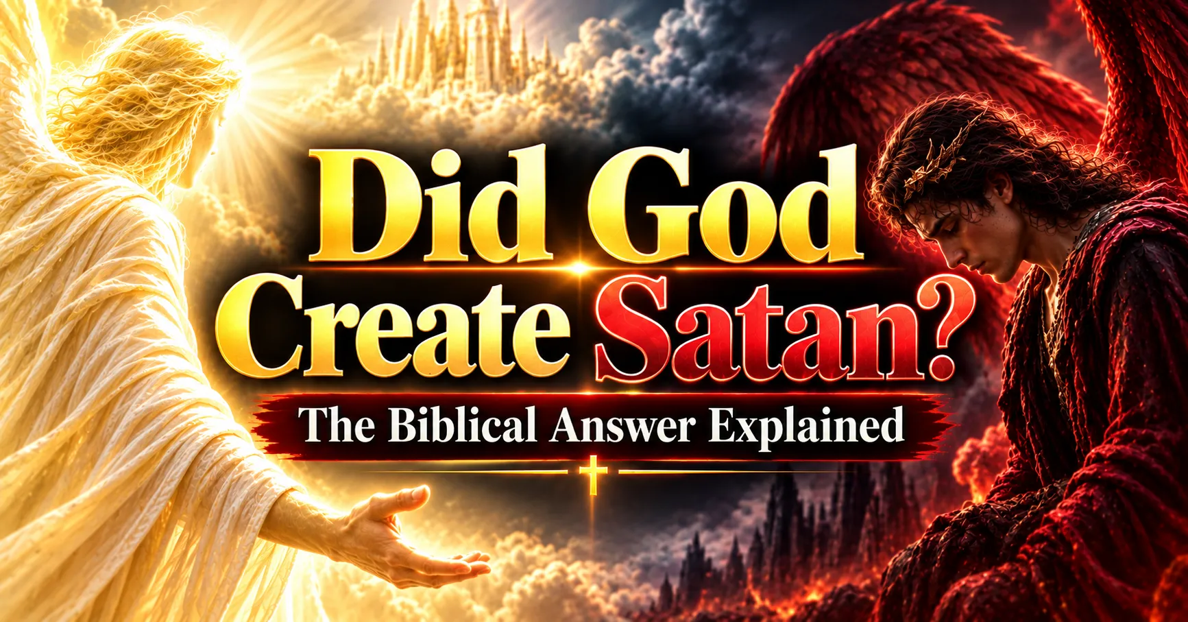 Did God create Satan? Biblical illustration of a radiant angel of light and a fallen dark angel representing Lucifer's fall
