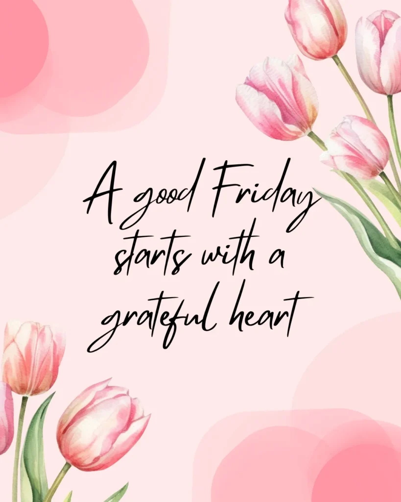Beautiful Good Friday inspirational quote with soft pink tulips and a grateful heart message, encouraging faith, gratitude, joy, and a positive start to Friday.