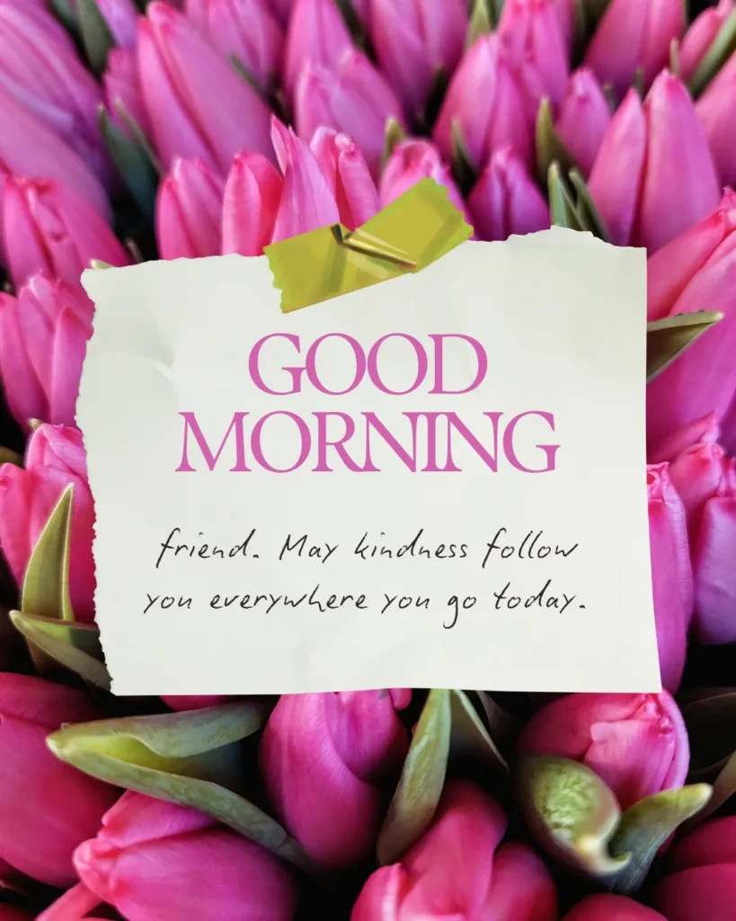 Good Morning Monday Blessings image with pink tulips and a heartfelt message wishing kindness, joy, and God's blessings throughout the day.