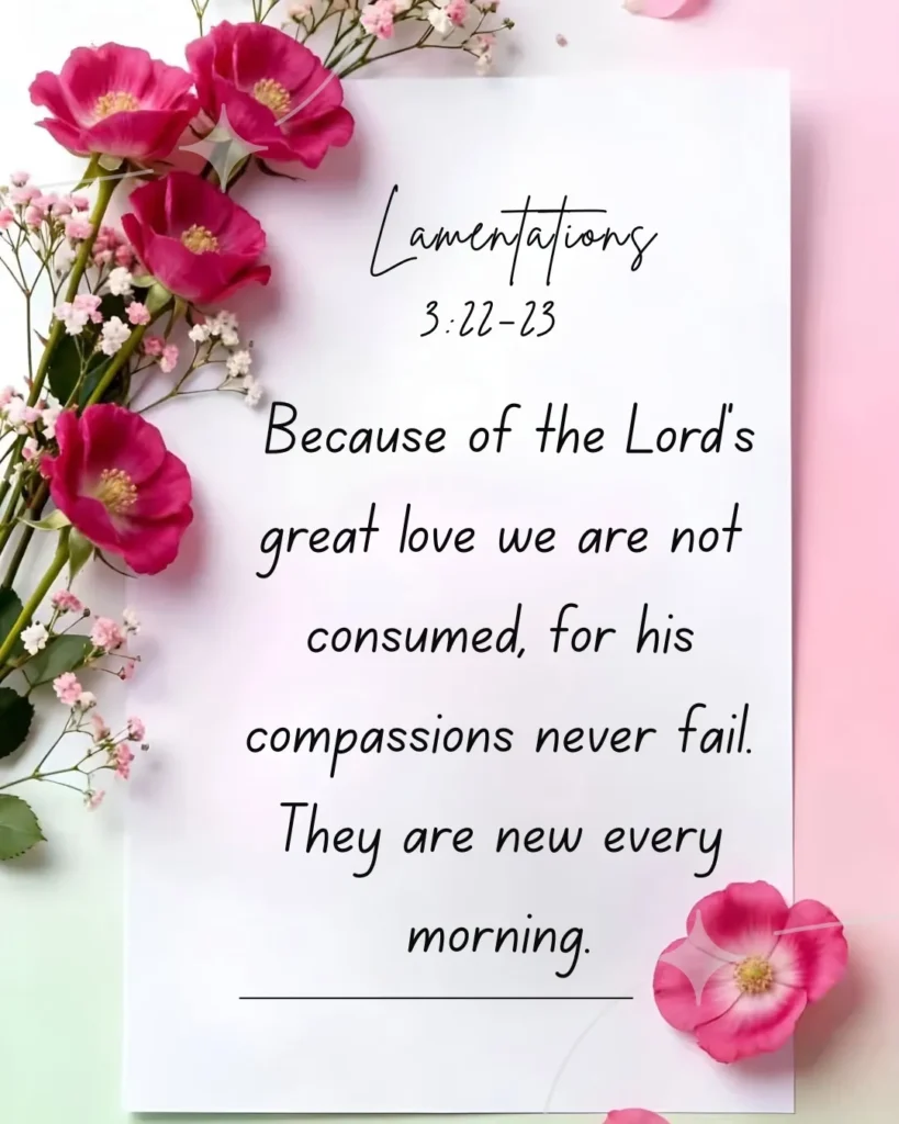 Beautiful floral Christian artwork featuring Lamentations 3:22–23 Bible verse about God's unfailing love, endless compassion, and new mercies every morning.