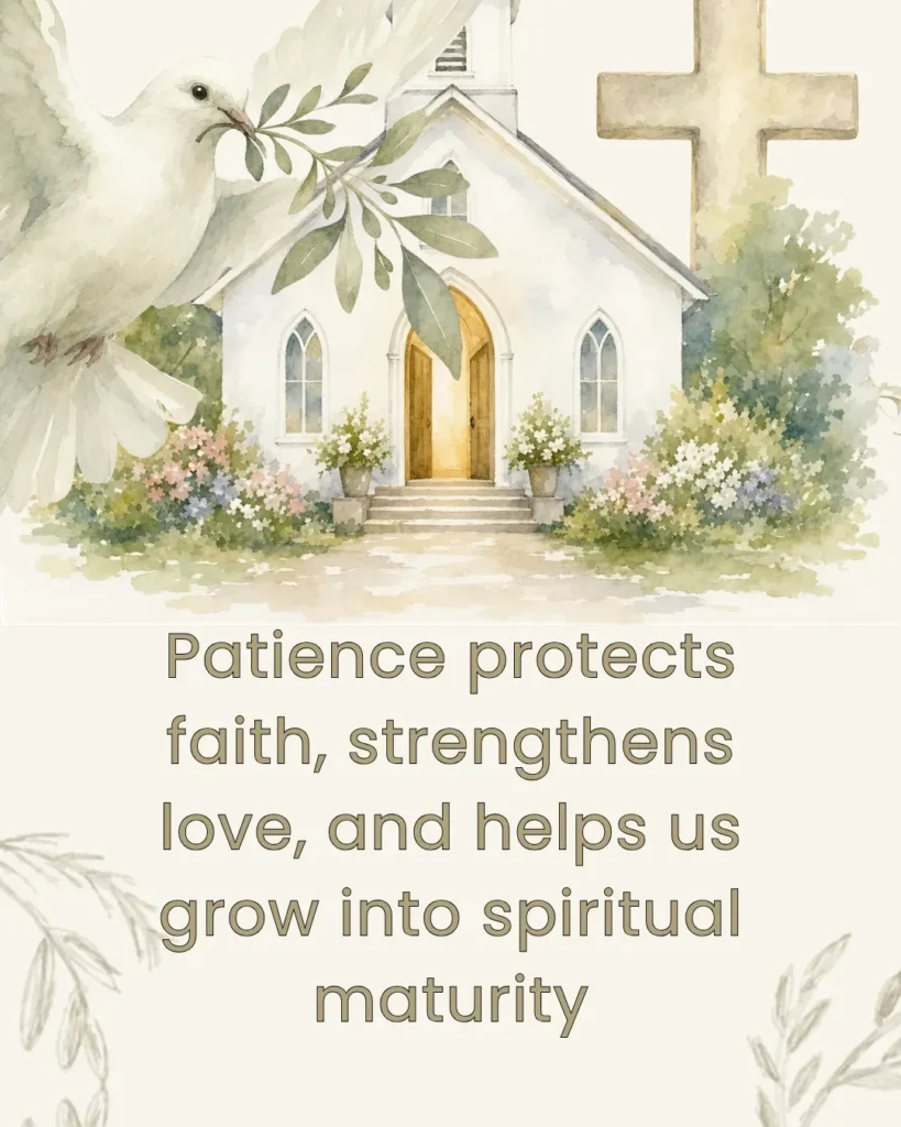 Watercolor illustration of a church, dove with an olive branch, and cross representing patience in the Bible, faith, and spiritual growth.