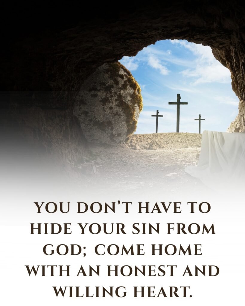 Open tomb with three crosses and white burial cloth symbolizing repentance, forgiveness, and God's mercy ''Repentance Prayer''