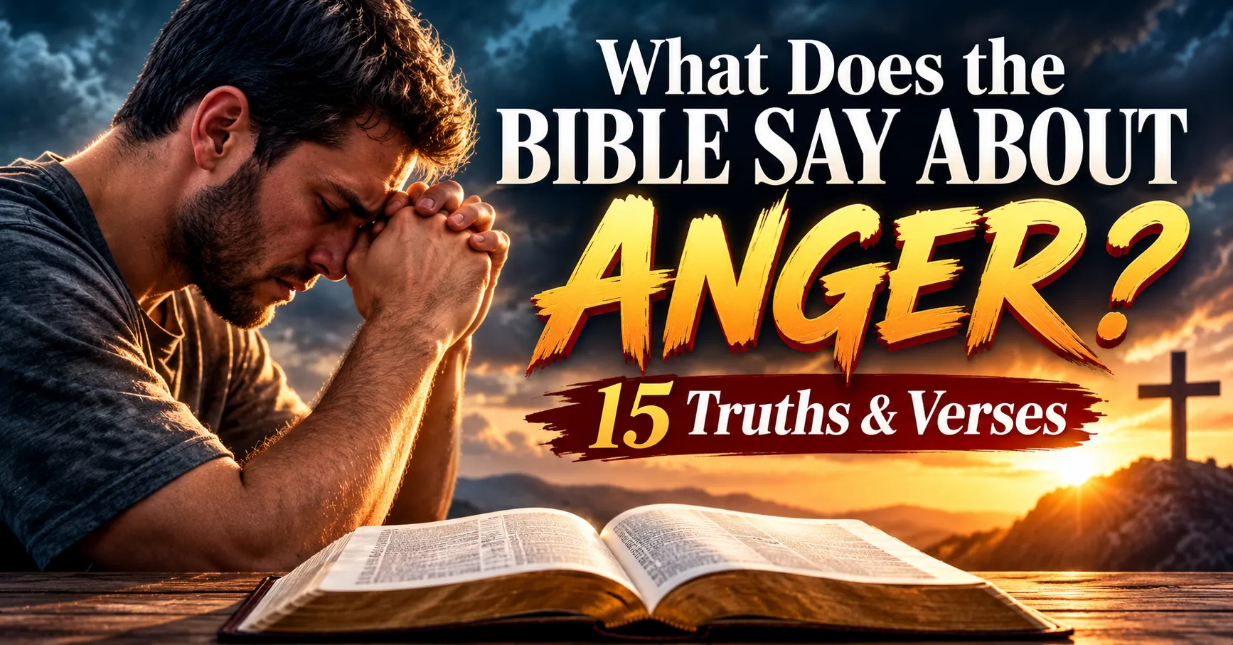 What Does the Bible Say About Anger A man praying beside an open Bible while reflecting on anger and faith