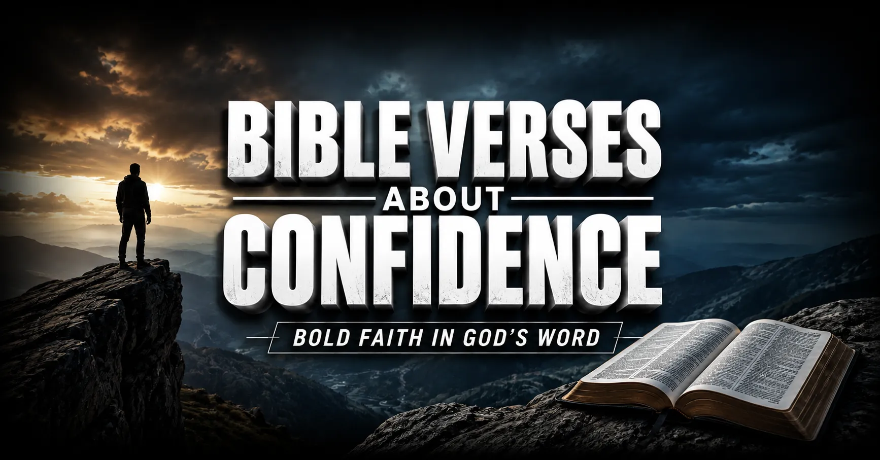 Bible verses about confidence with an open Bible on a mountain overlooking a stormy landscape