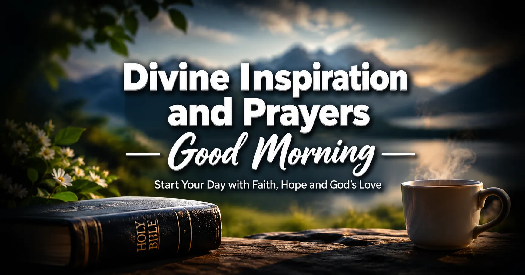 Divine Inspiration and Prayers Good Morning with a Bible, peaceful morning view, and a prayerful setting