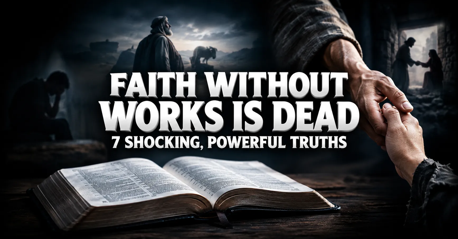 Faith without works is dead with open Bible and helping hand
