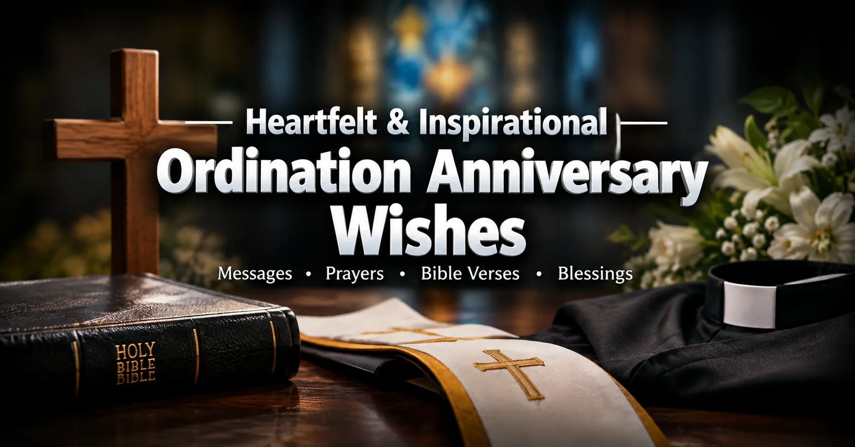 Heartfelt and inspirational ordination anniversary wishes with a cross, Bible, priestly stole, and church setting
