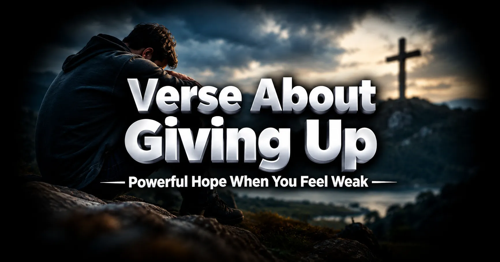 Verse about giving up with a person praying on a mountain under a dramatic sky.
