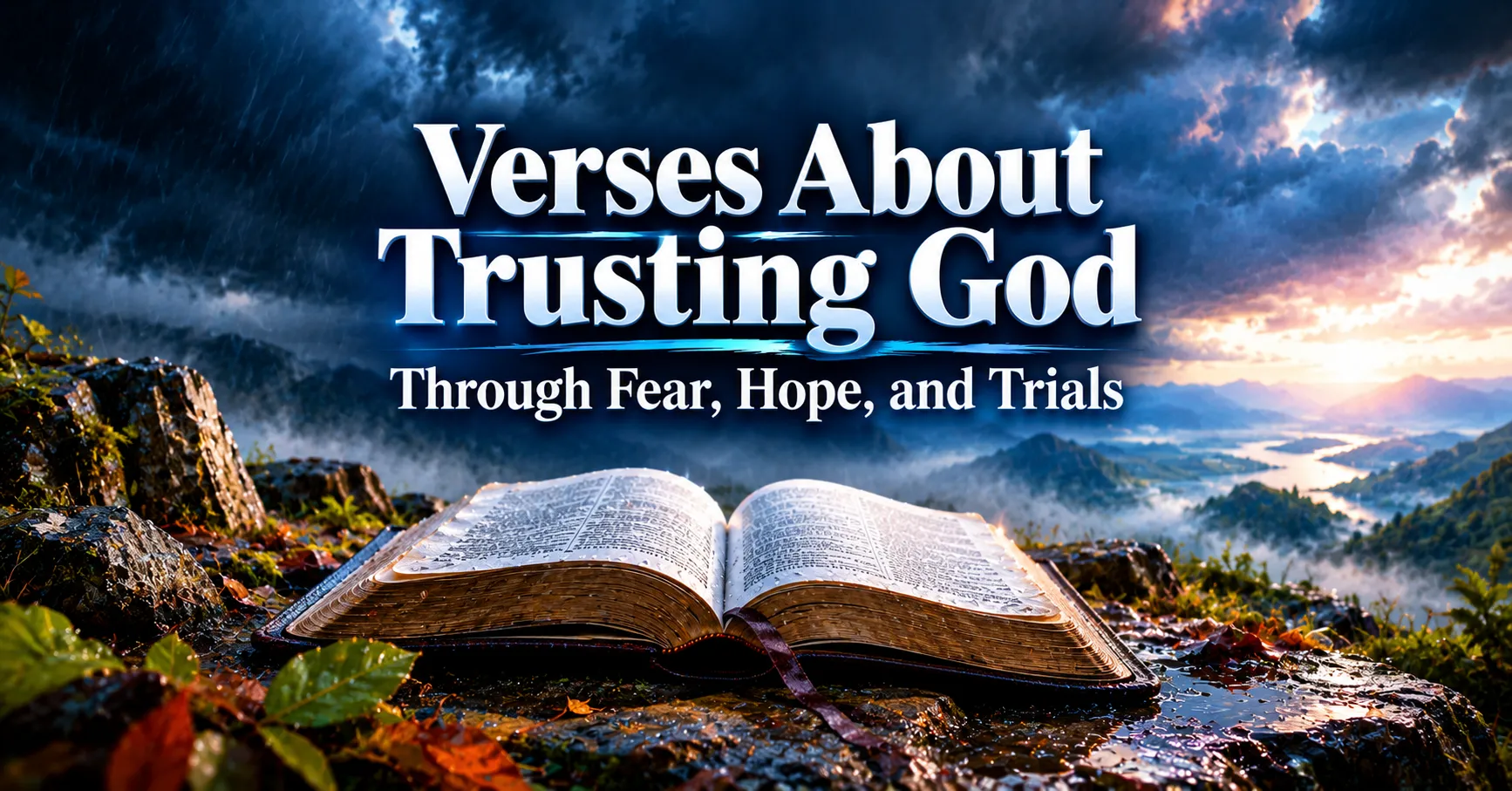 Open Bible on a stormy mountain landscape representing trusting God through fear, hope, and trials