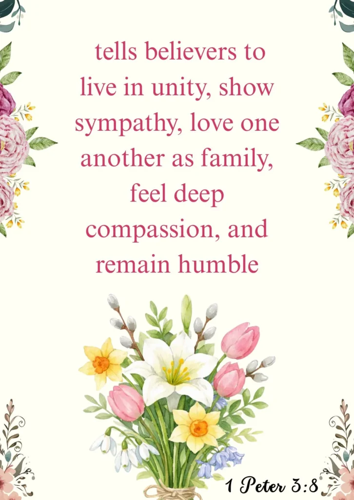 1 Peter 3:8 Bible verse about Christian unity, compassion, love, sympathy, and humility with floral design