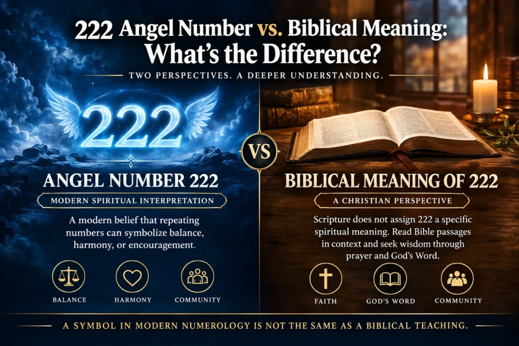Comparison of angel number 222 and its biblical meaning, showing modern numerology beside an open Bible.