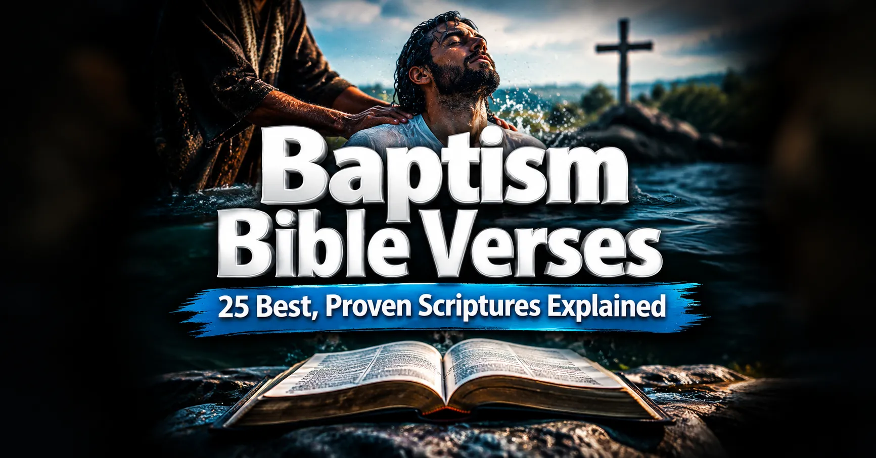 Baptism Bible verses featured image of a man being baptized in a river with an open Bible and a cross