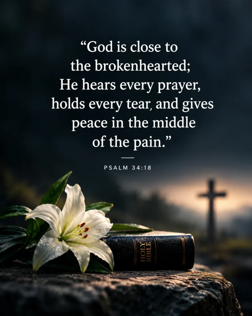 Bible passages on death of a loved one with a Bible, white lily, and cross