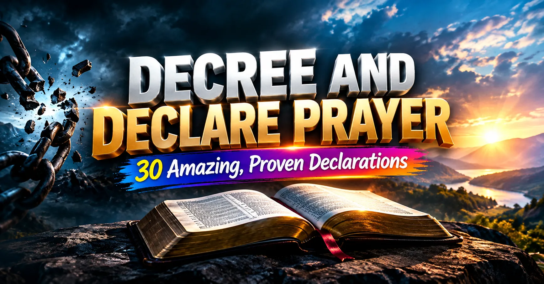 Decree and declare prayer featured image with open Bible, broken chains, and sunrise over mountains