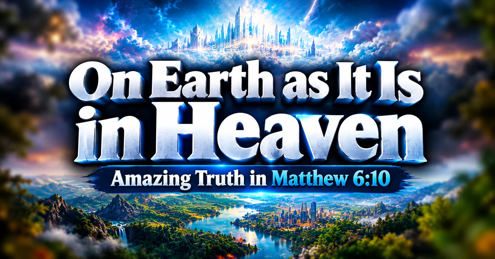 On Earth as It Is in Heaven, Matthew 6:10: heavenly city in the clouds above an earthly landscape with a river and mountains
