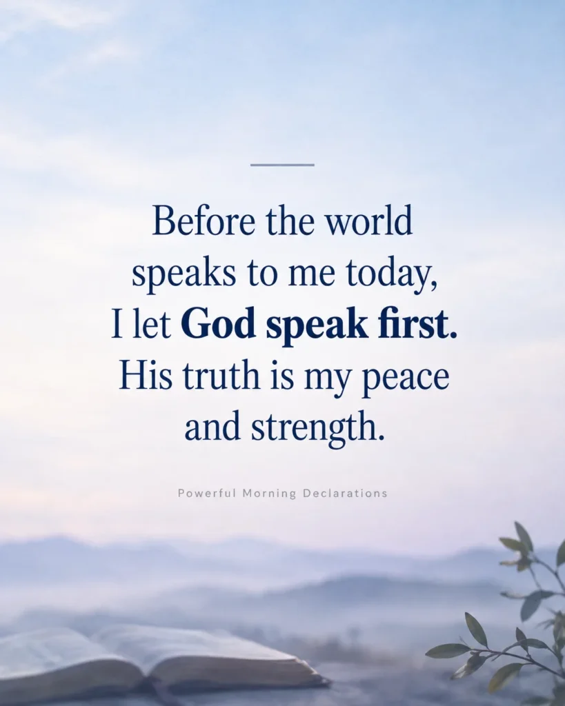 Minimalist Christian morning prayer quote about letting God speak first, with an open Bible and a peaceful pastel sky.