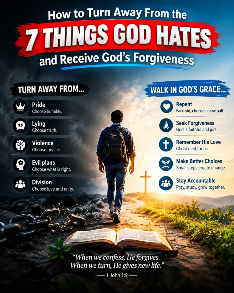 Christian poster about turning away from the 7 things God hates and receiving God's forgiveness through repentance and grace.